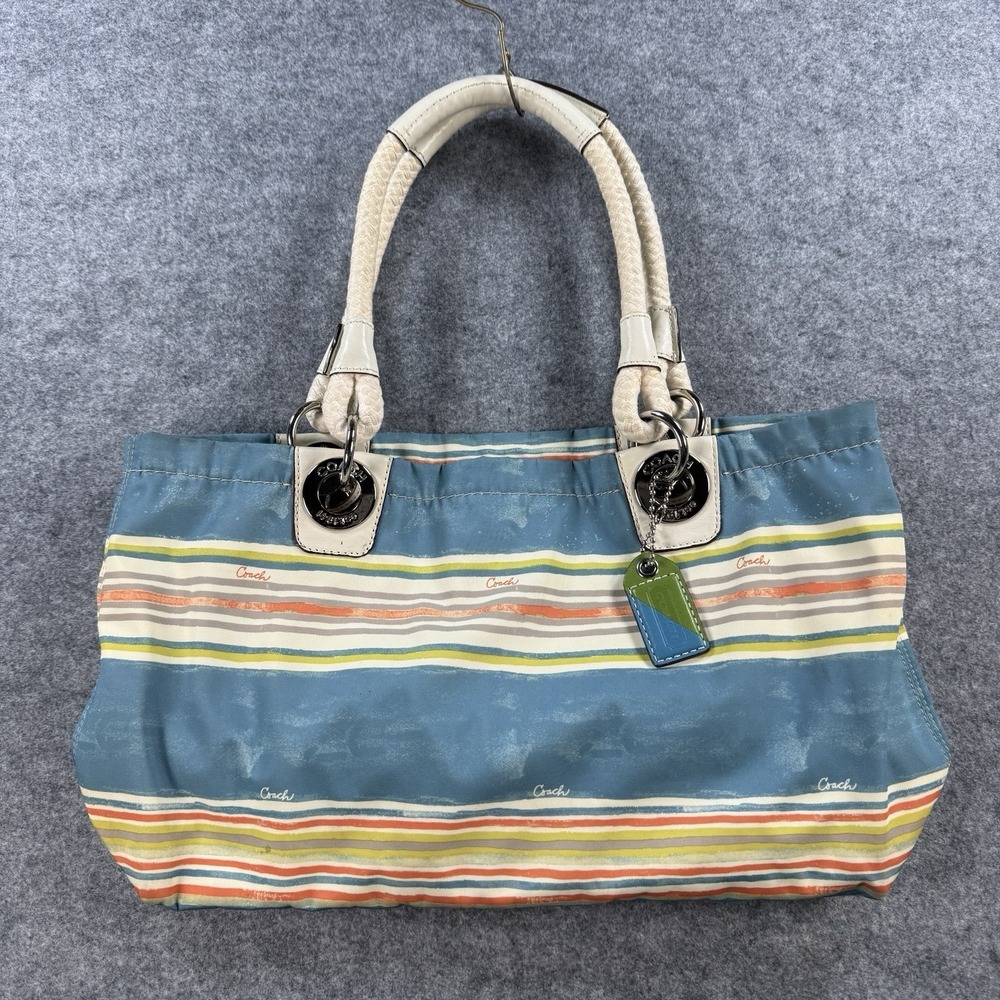 Coach Purse Nautical Beach Multi Stripe Tote Bag Blue Green Double Rope Handle